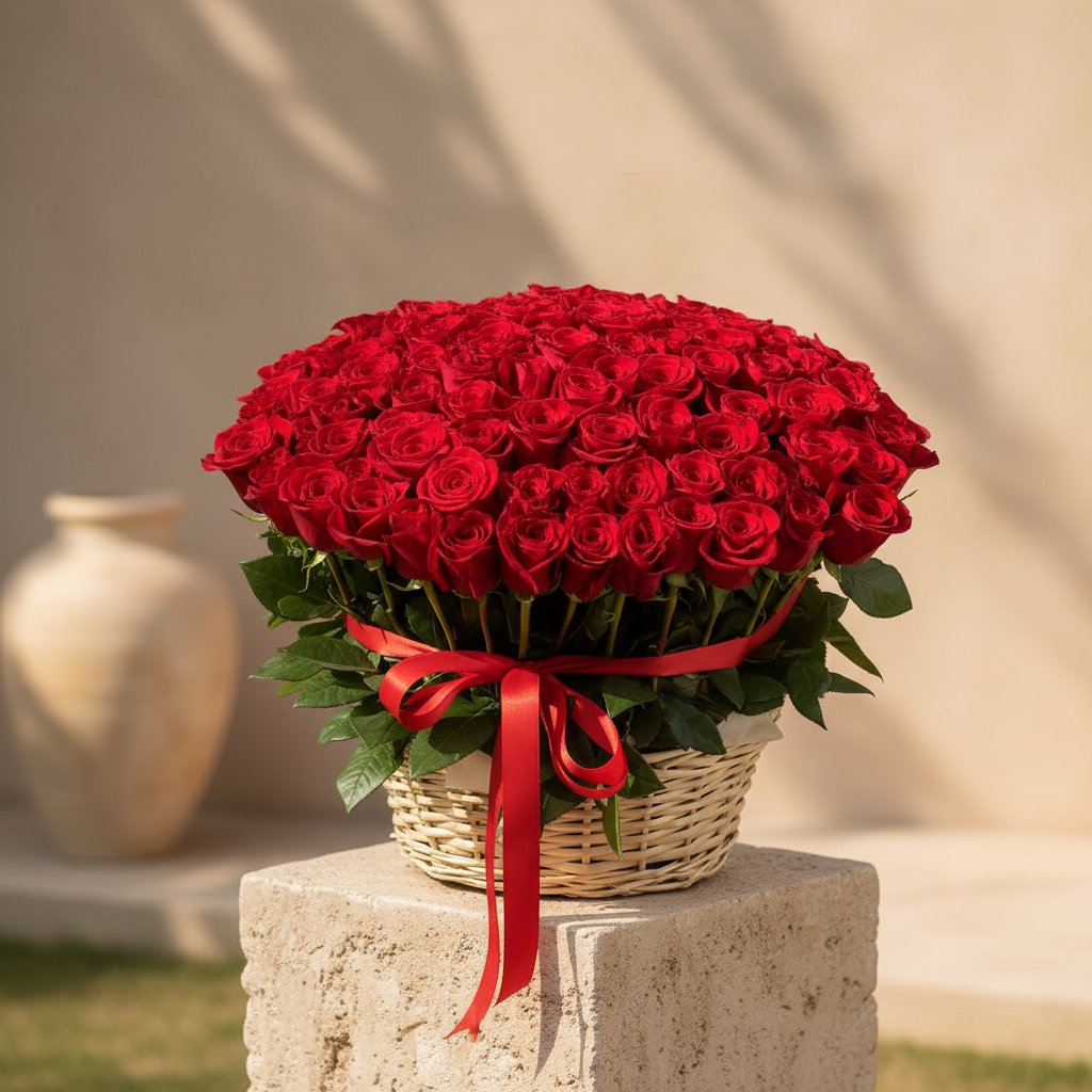 Detail of a grand red rose basket arrangement - Romantica by AIWA Flowers