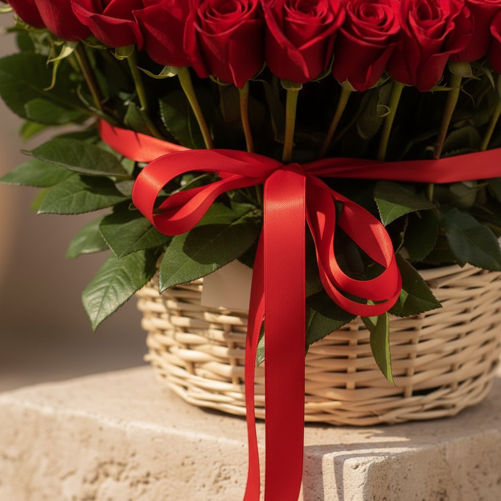 Close-up of red roses in a wicker basket tied with a red ribbon by AIWA Flowers