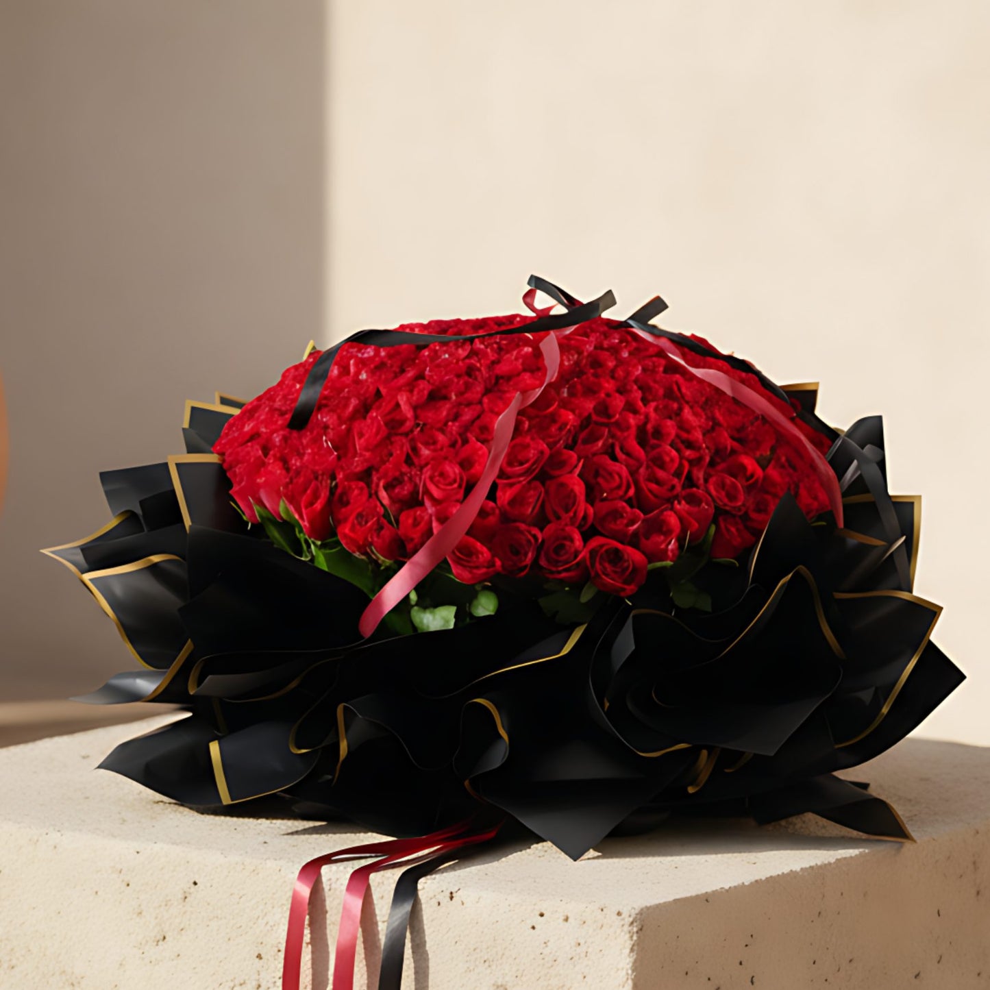 Rose Gold Affair hand-tied bouquet with 301 fresh red roses in black wrapping