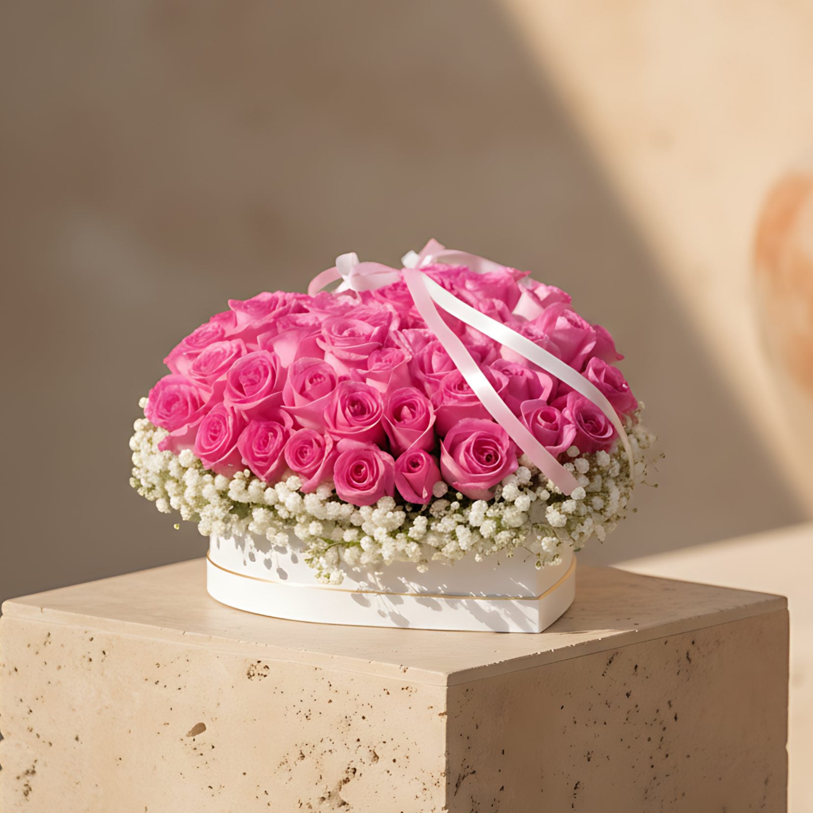 Rosy Pirouette white heart box with 55 to 65 fresh pink roses and gypsophila