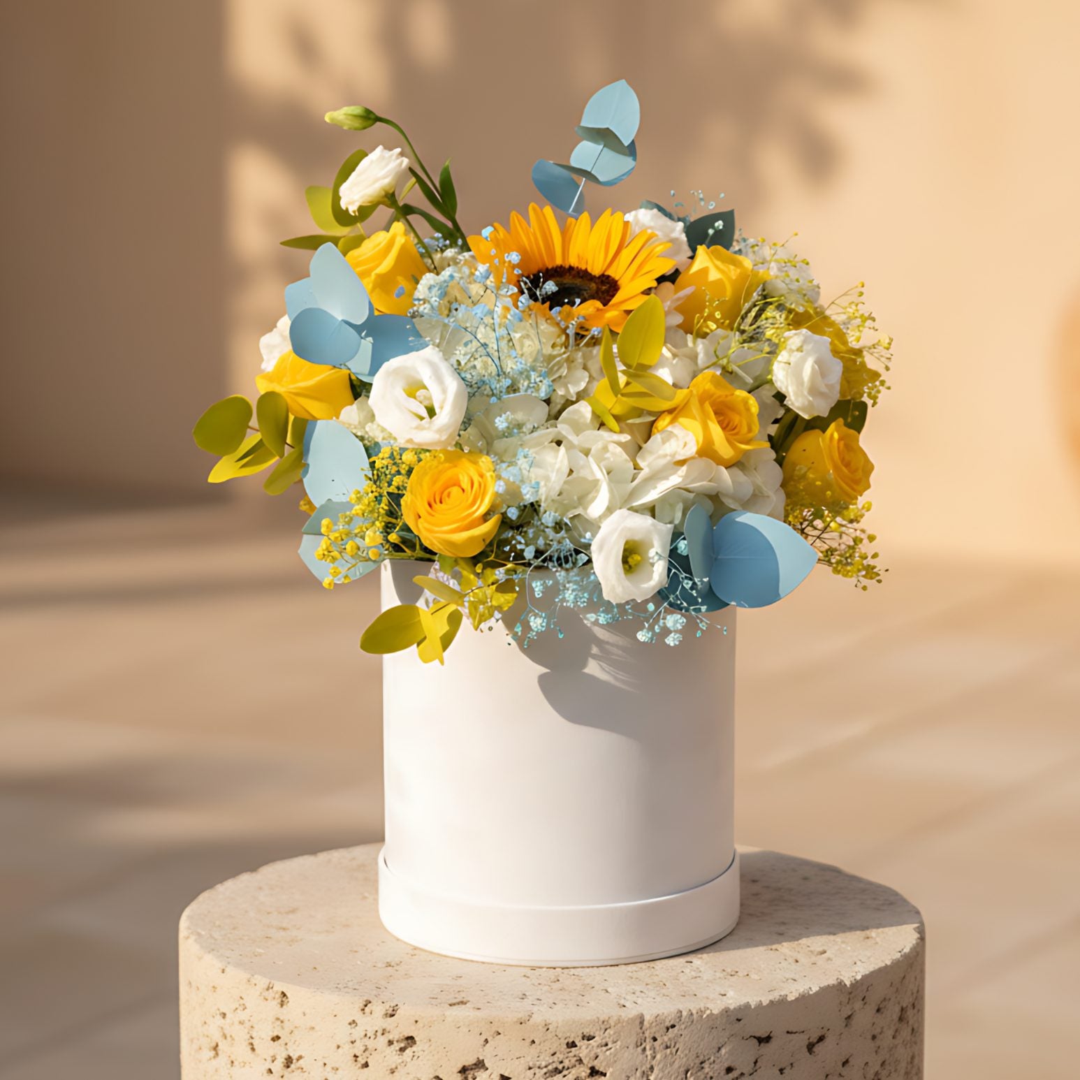 Rubens flower box with yellow roses, sunflower, white hydrangea and gypsophila in a white velvet box