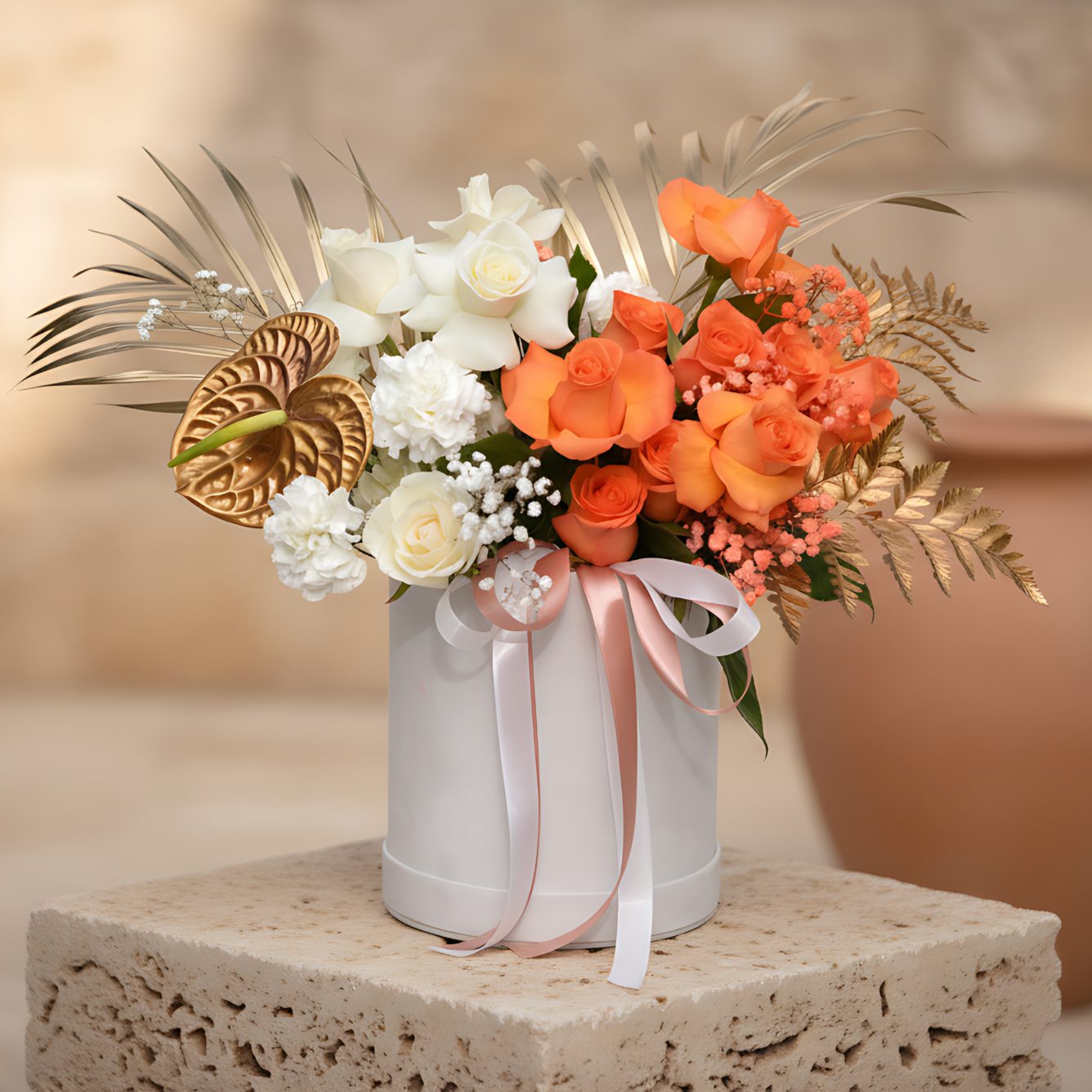 Shade white velvet flower box with white and orange roses, white carnations, gypsophila and gold accents