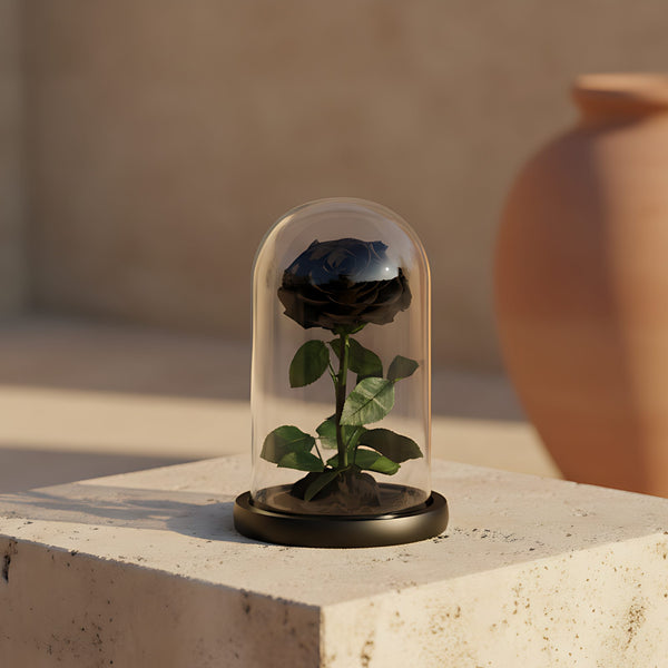 Single black preserved infinity rose in clear glass dome by Aiwa Flowers