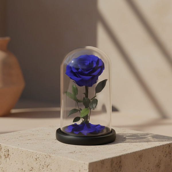 Single blue preserved infinity rose in clear glass dome by Aiwa Flowers