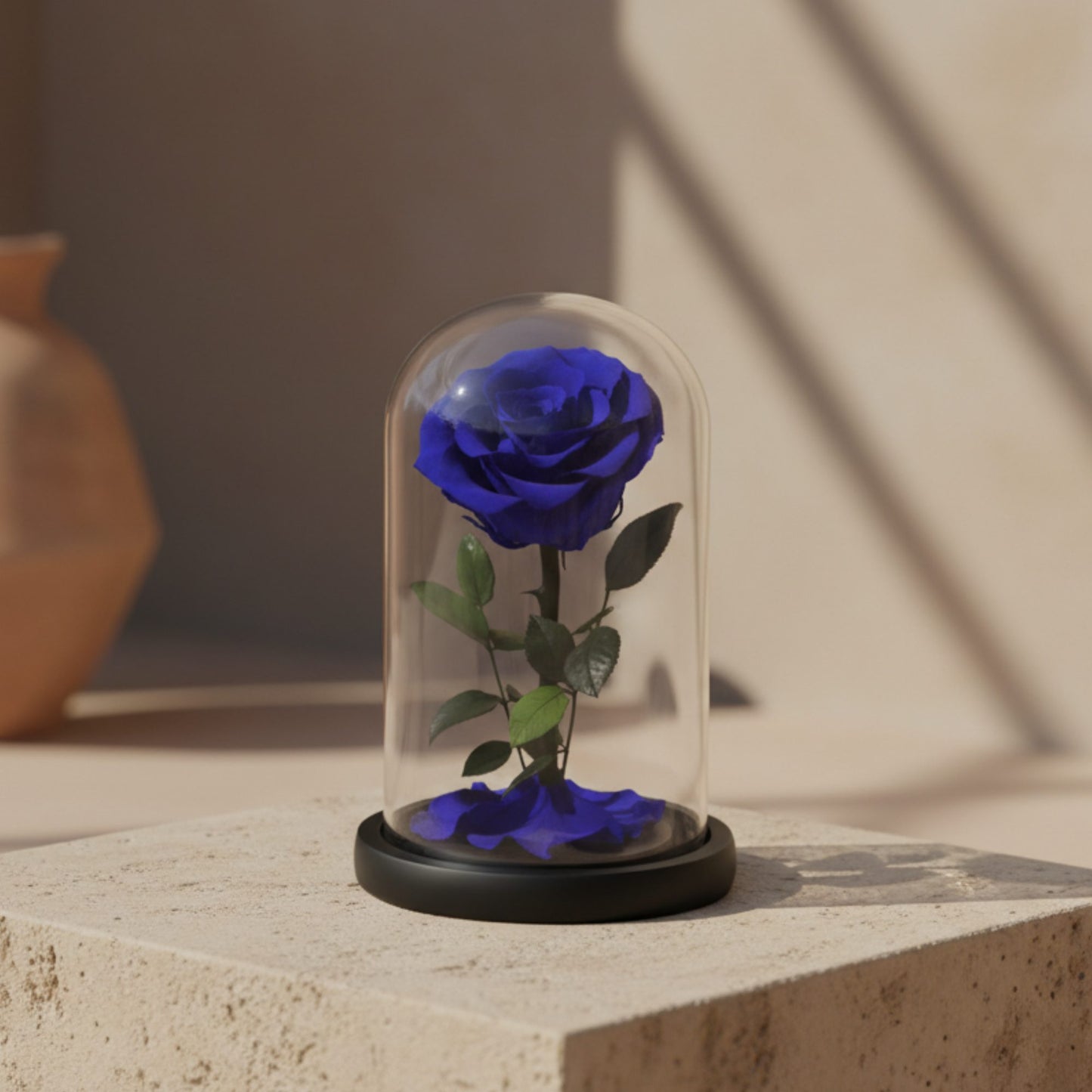 Single blue preserved infinity rose in clear glass dome by Aiwa Flowers