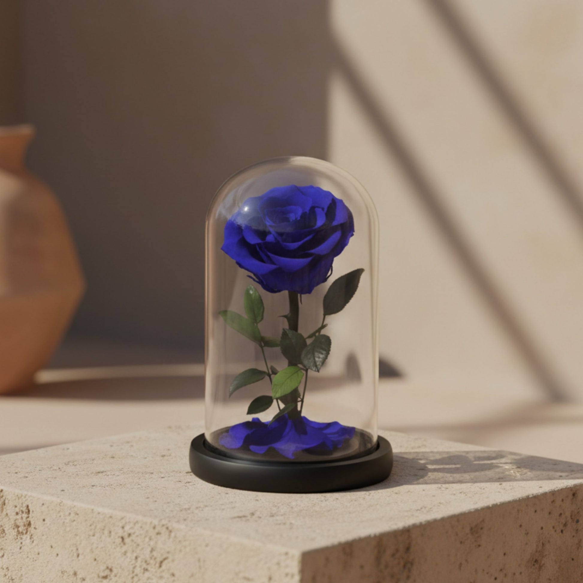 Single blue preserved infinity rose in clear glass dome by Aiwa Flowers