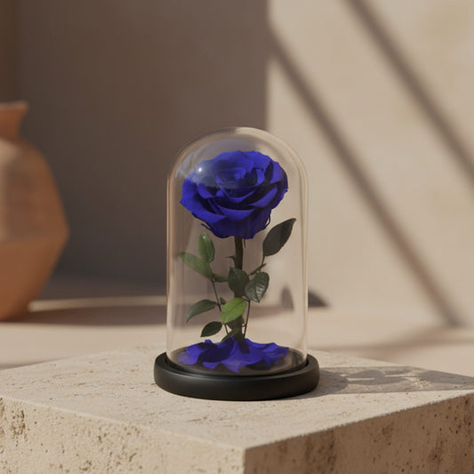 Single blue preserved infinity rose in clear glass dome by Aiwa Flowers