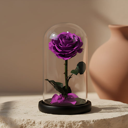 Single purple preserved infinity rose in clear glass dome by Aiwa Flowers