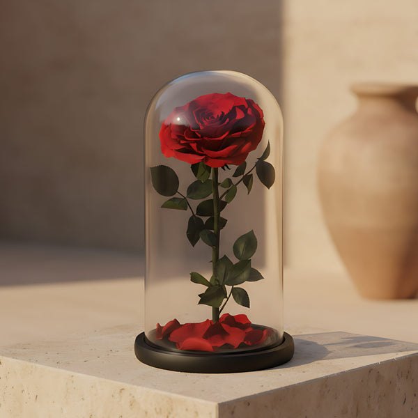 Single large red preserved infinity rose in clear glass dome by Aiwa Flowers
