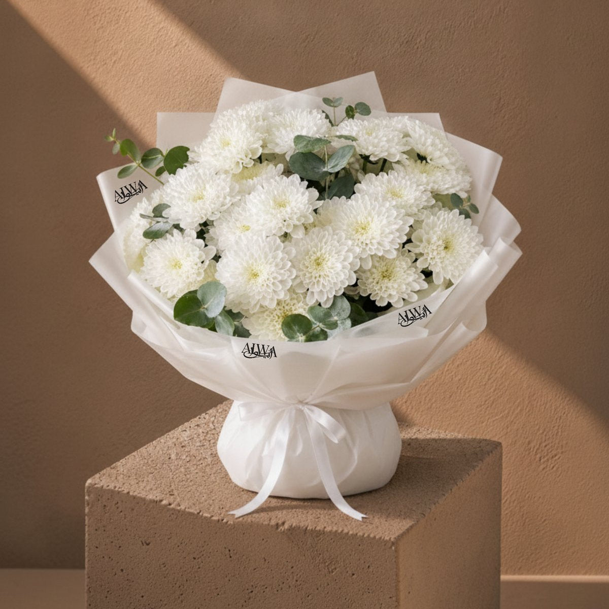 White chrysanthemum hand-tied bouquet by AIWA Flowers Dubai