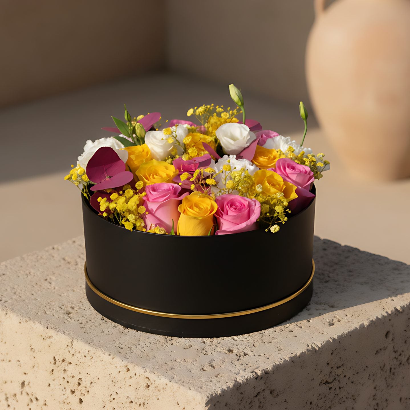 Spanking black flower box with yellow and pink roses, white carnations, lisianthus and gypsophila