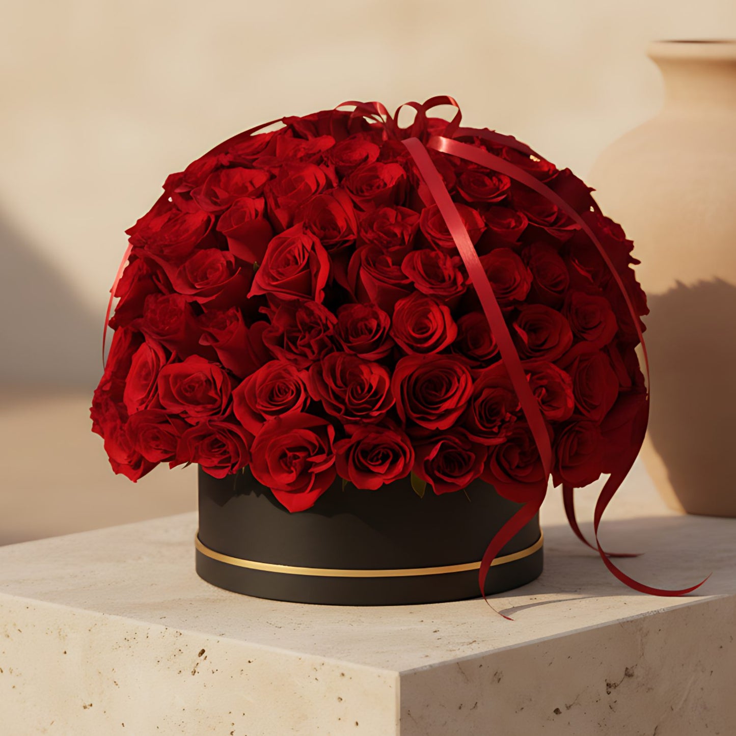 Spectacular flower box with 120 to 140 fresh red roses arranged in a black box