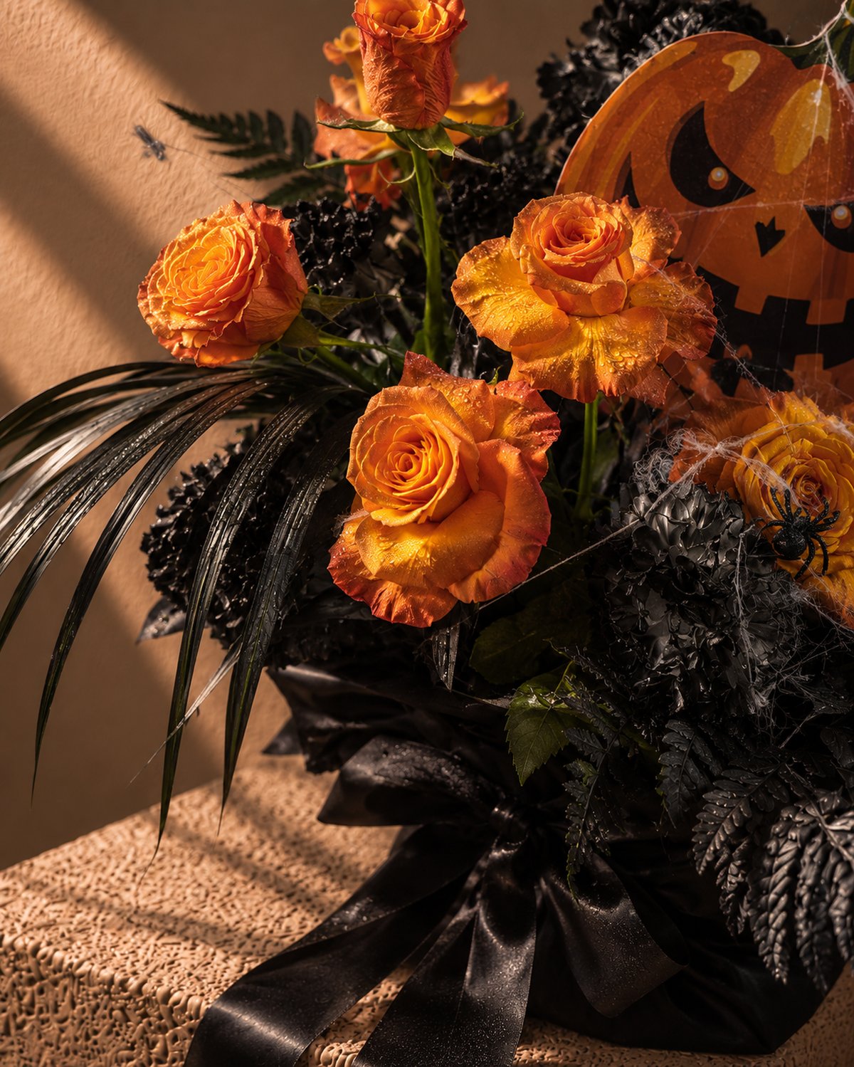 Close-up of orange roses, black carnations and spider-web detail in Spooky Spell
