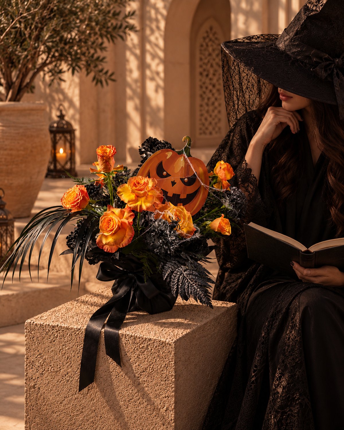 Spooky Spell jack-o'-lantern bouquet styled beside a woman reading in a witch hat