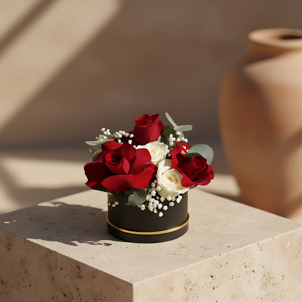 Strength mini black flower box with red and white roses, white gypsophila and eucalyptus