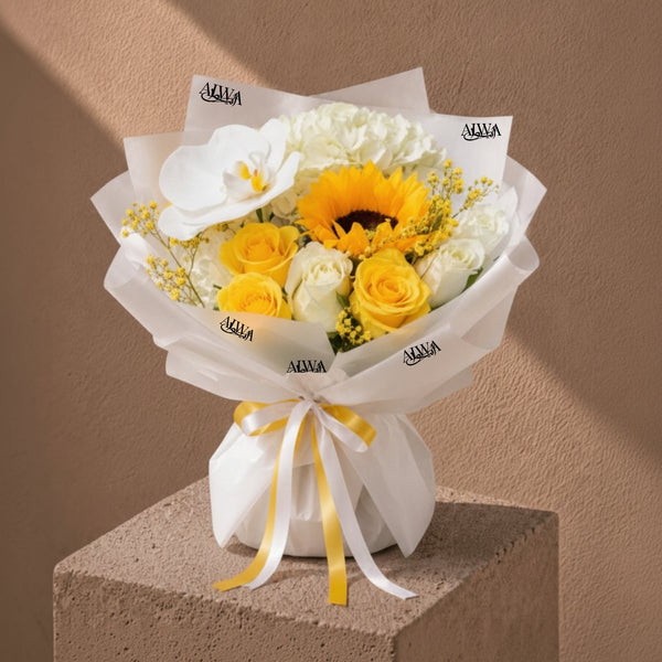 Summer Meadow bouquet of sunflower, white orchid, yellow and white roses in white wrap - AIWA Flowers