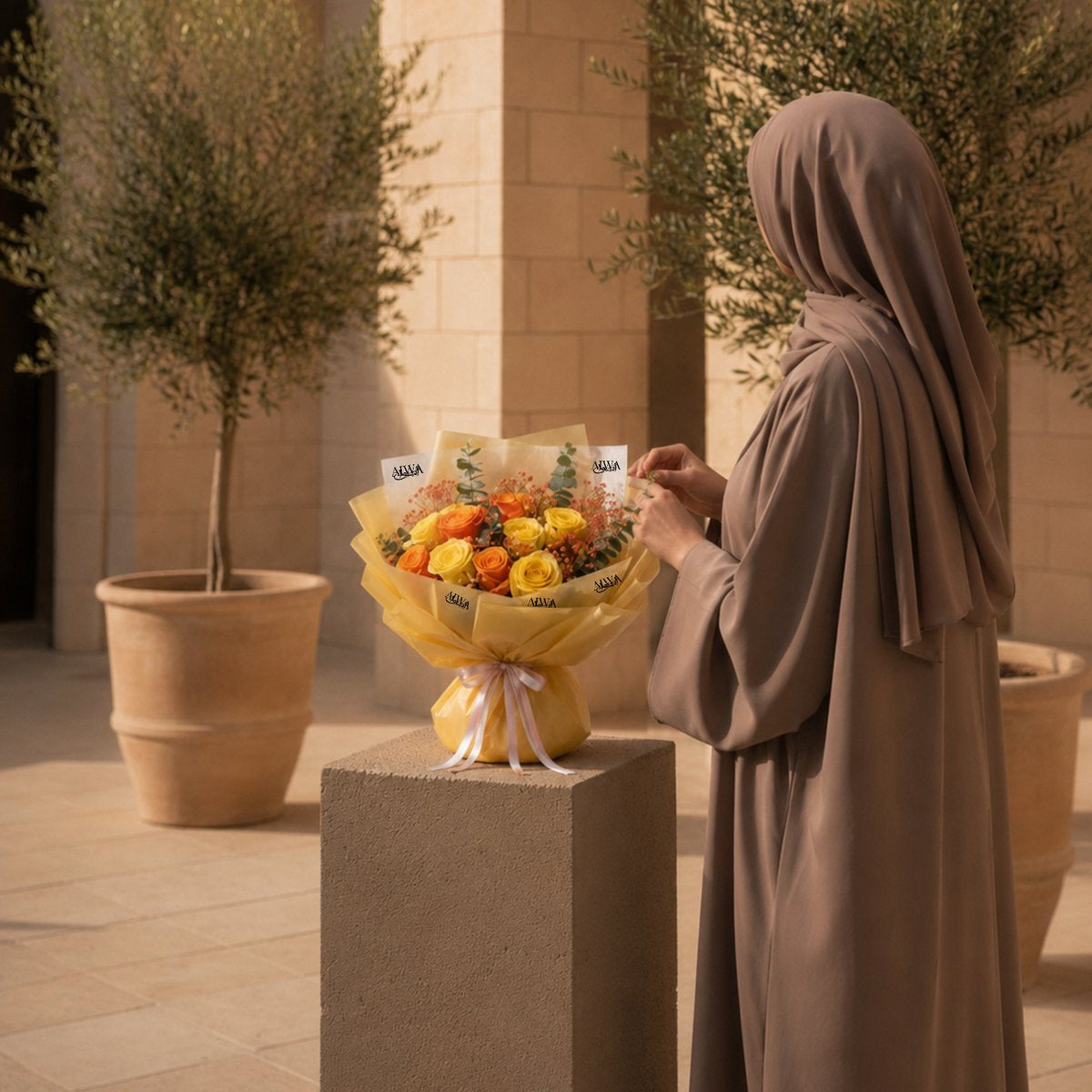 Woman holding a yellow and orange rose bouquet in gold wrap - Summer Time by AIWA Flowers