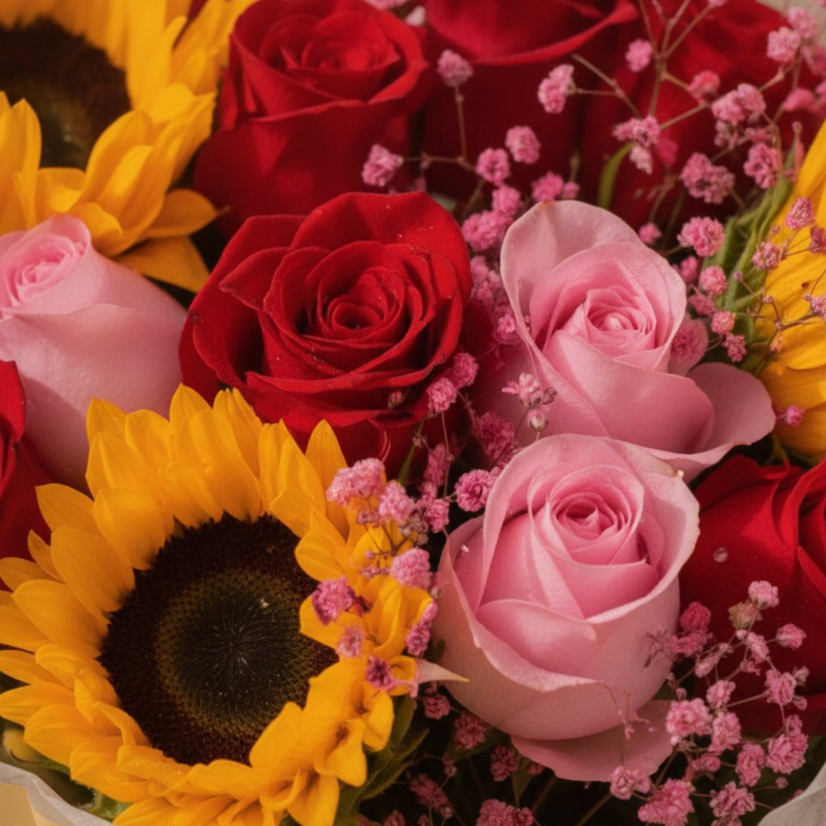 Close-up of sunflowers, red and pink roses with pink gypsophila by AIWA Flowers