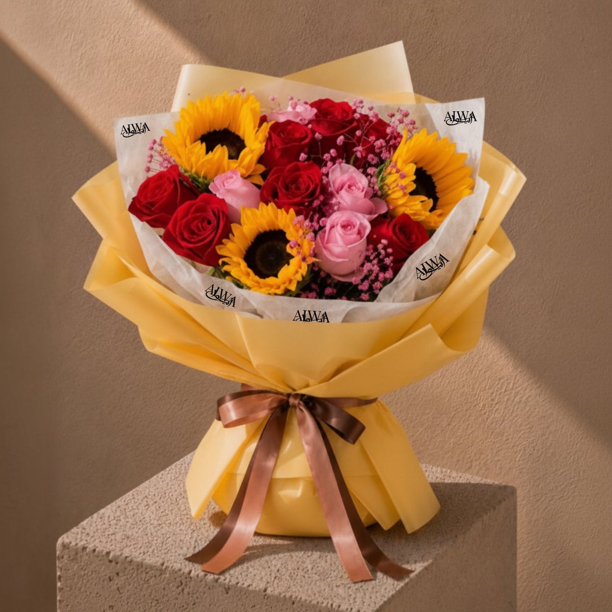 Sunflowers with red and pink roses and pink gypsophila in gold wrap - Sunflower Blossoms by AIWA Flowers