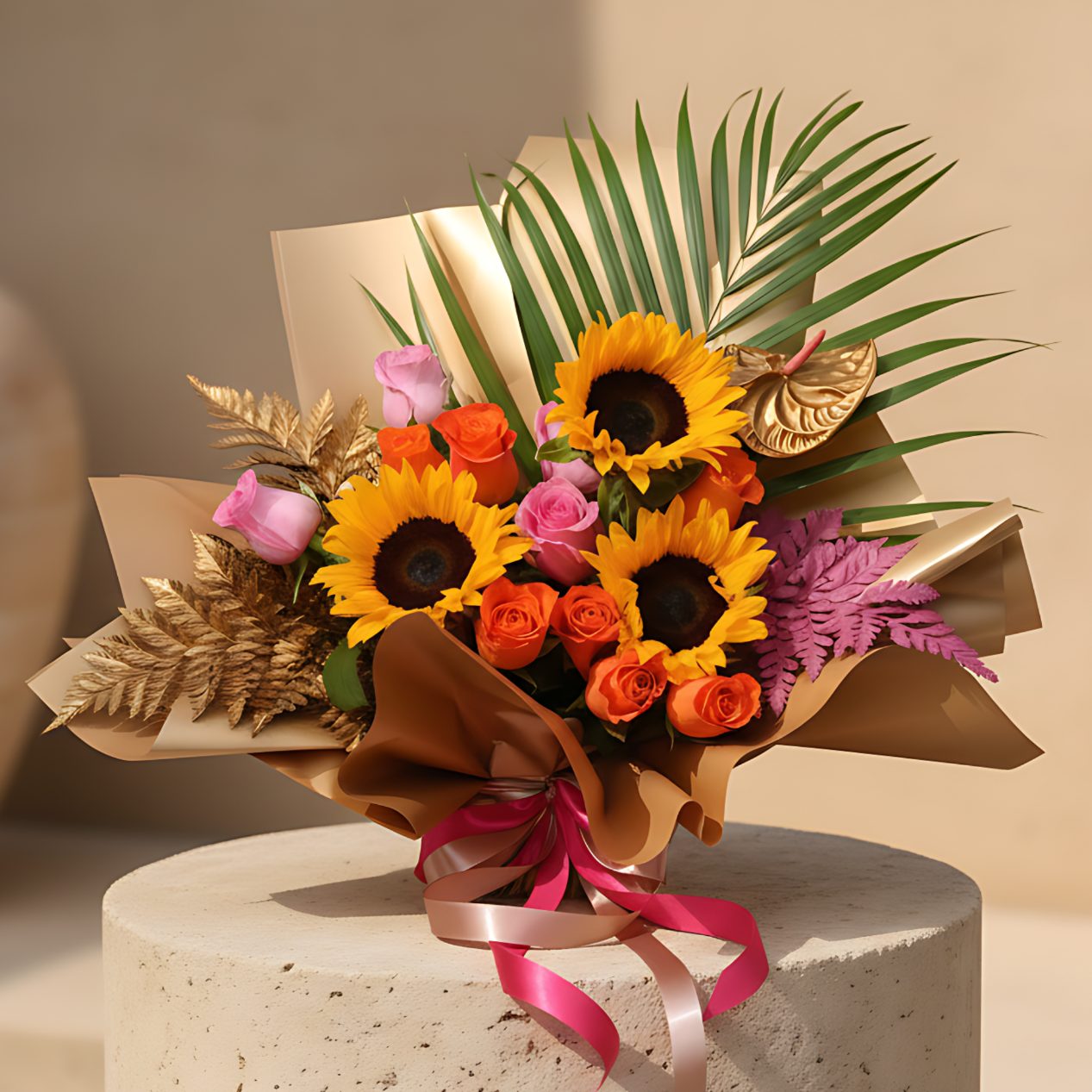 Sunflowers Dream hand-crafted bouquet with orange and pink roses, sunflowers and gold accents in gold wrapping