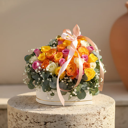 Sunlit Heart white heart-shaped box with pink, white, orange and yellow roses, gypsophila and eucalyptus