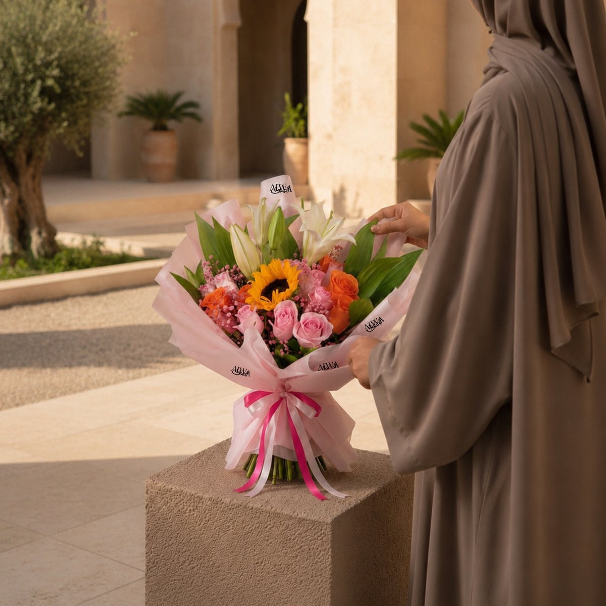Woman holding Sunlover bouquet of sunflower, lilies, pink and orange roses in a courtyard - AIWA Flowers