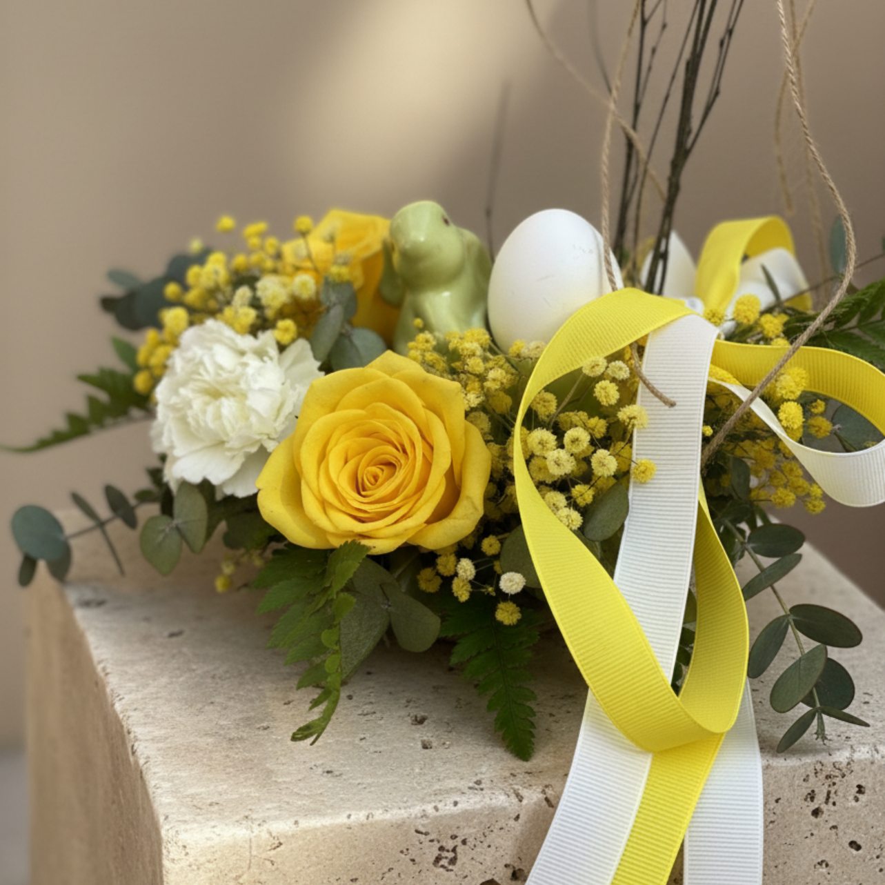 Close-up of yellow rose, white carnation, and bunny decoration in elegant Easter floral arrangement
