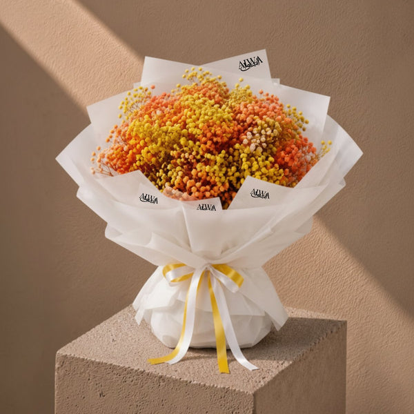 Orange and yellow gypsophila bouquet in white wrap with yellow ribbon - Sunny by AIWA Flowers