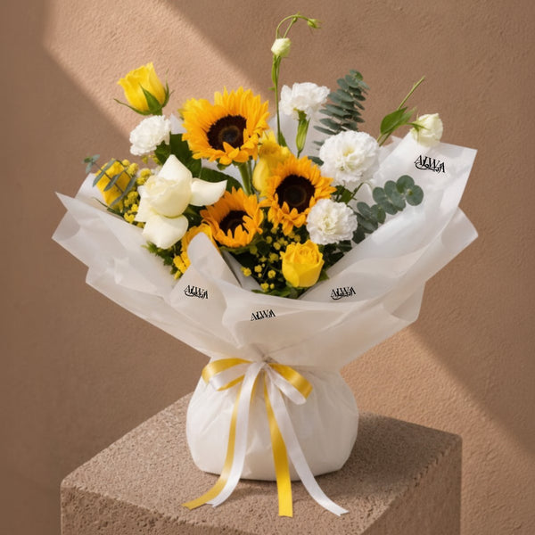 Sunrise bouquet of sunflowers, yellow and white roses in white wrapping - AIWA Flowers