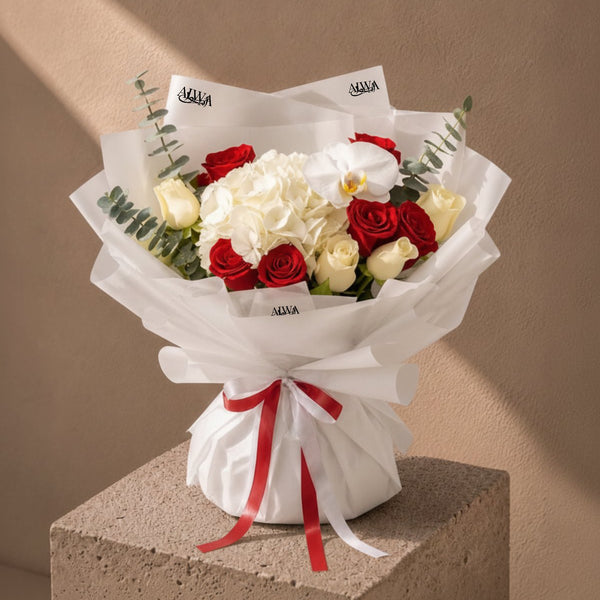 Swan bouquet of red and white roses with white hydrangea in white wrap - AIWA Flowers