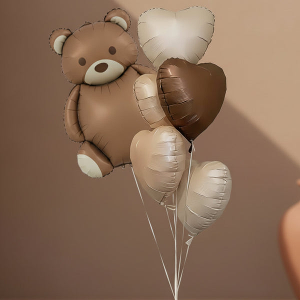 teddy bear foil balloon with beige, brown, and white heart helium balloons