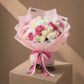 Pink and white roses with white carnations in light pink wrap - Tenderness by AIWA Flowers