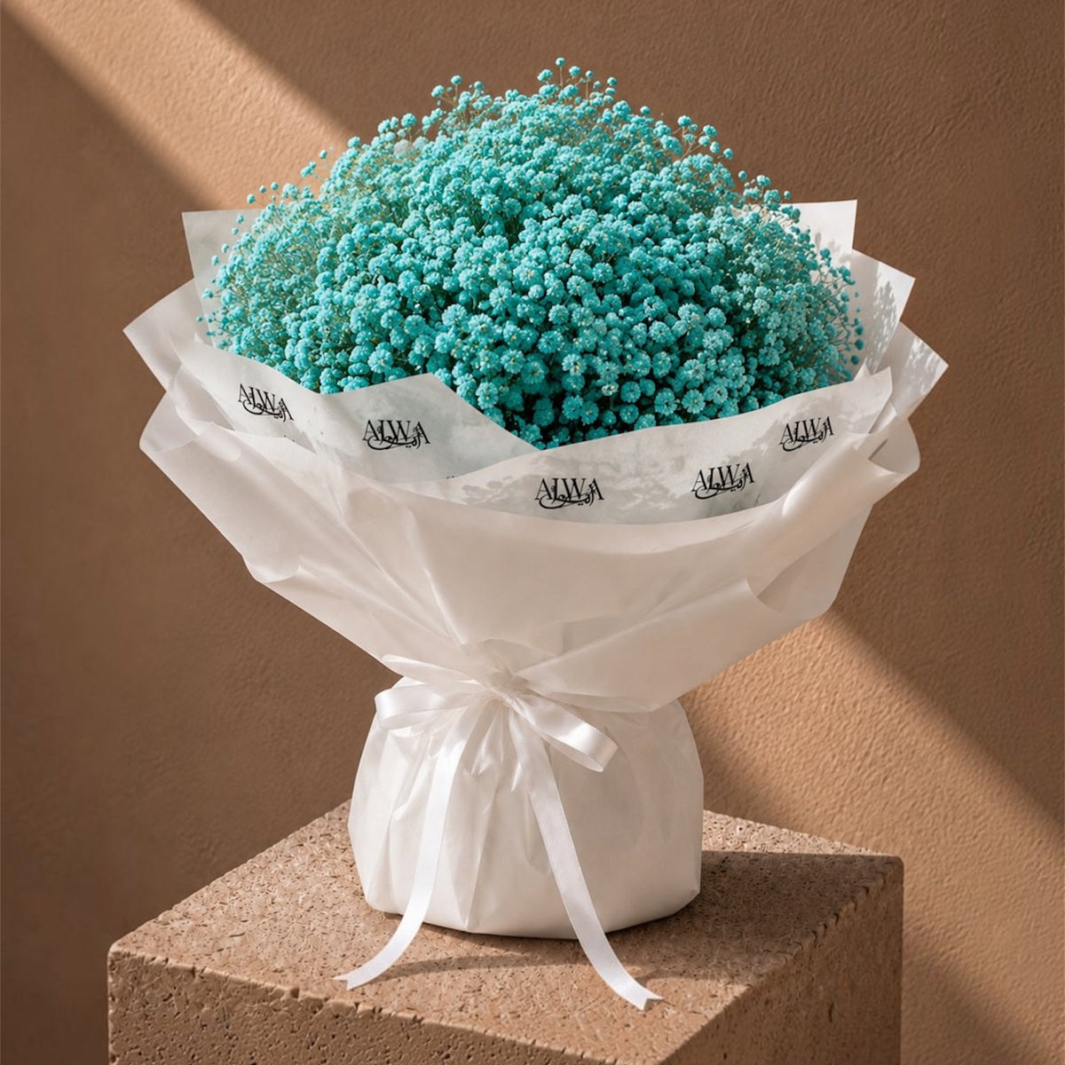 Blue gypsophila bouquet in white wrapping with ribbon - Tiffany Sky by AIWA Flowers