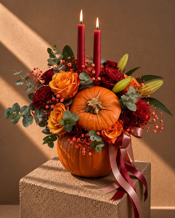 Trick or Treat Halloween centrepiece of orange and red roses with red candles in a fresh pumpkin