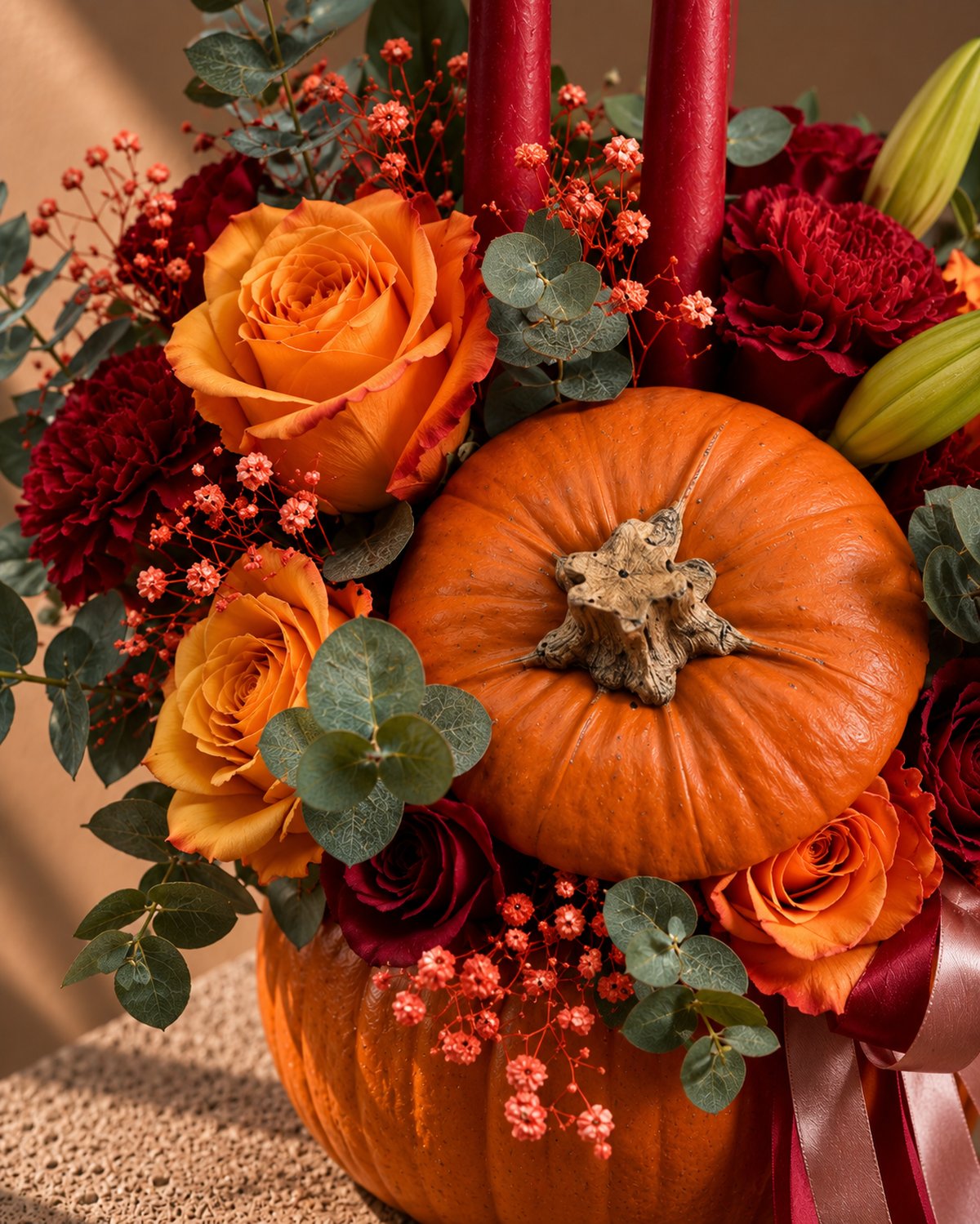 Close-up of orange roses, red carnations and a mini pumpkin topper in Trick or Treat