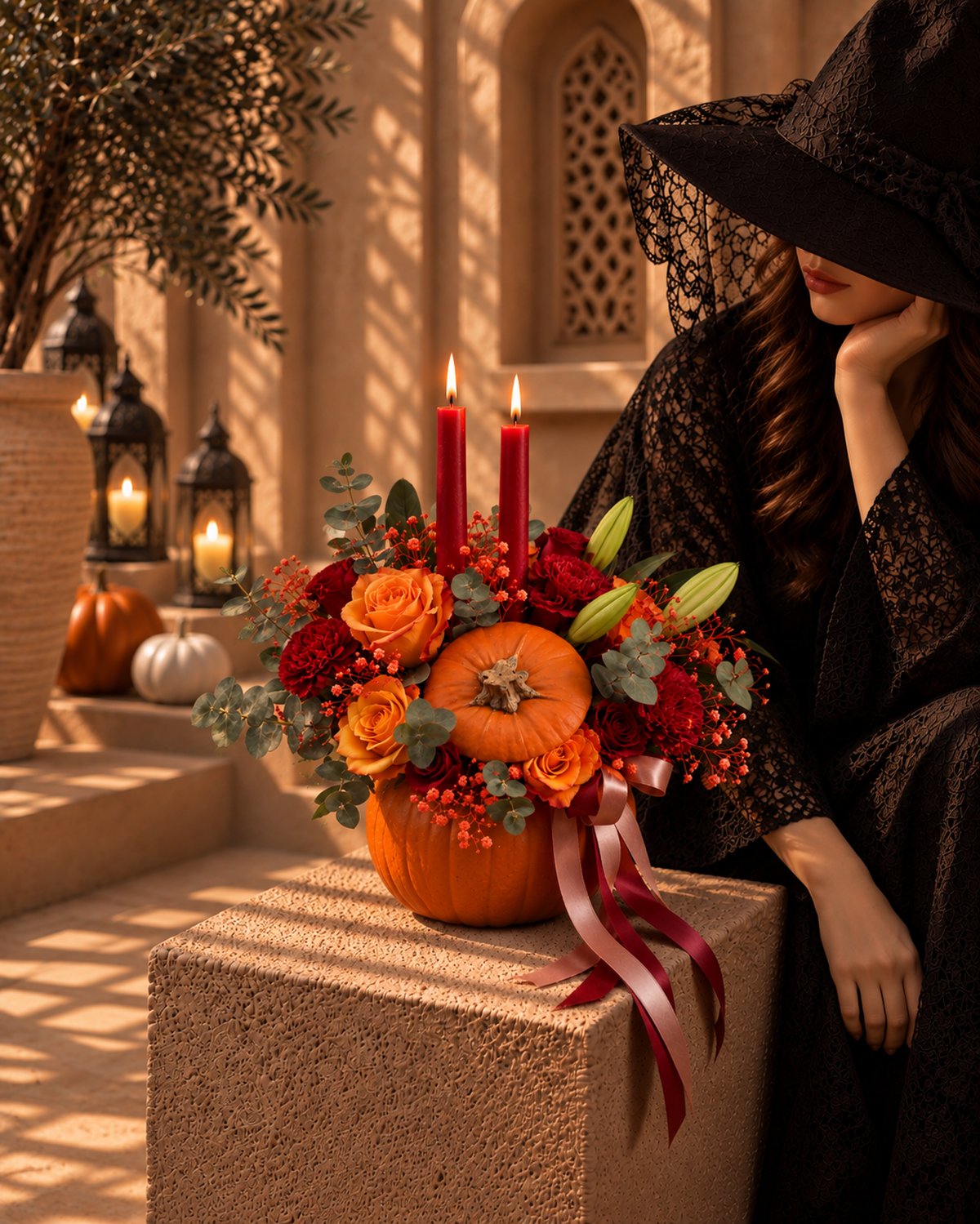 Trick or Treat pumpkin candle centrepiece styled in a lantern-lit courtyard