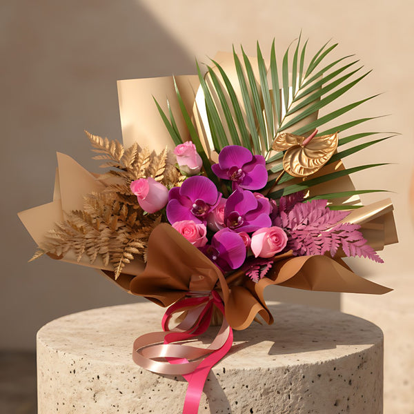 Ultra hand-crafted bouquet with pink roses, purple orchids and gold accents in gold wrapping