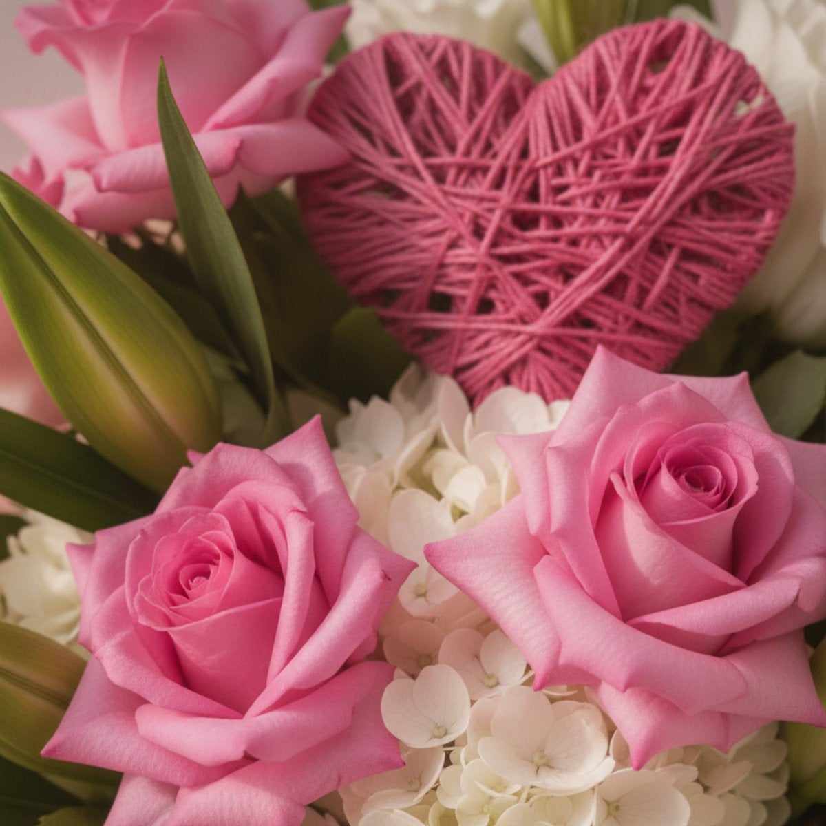 Close-up of pink roses, white hydrangea and a pink woven heart - Unwavering Love by AIWA Flowers