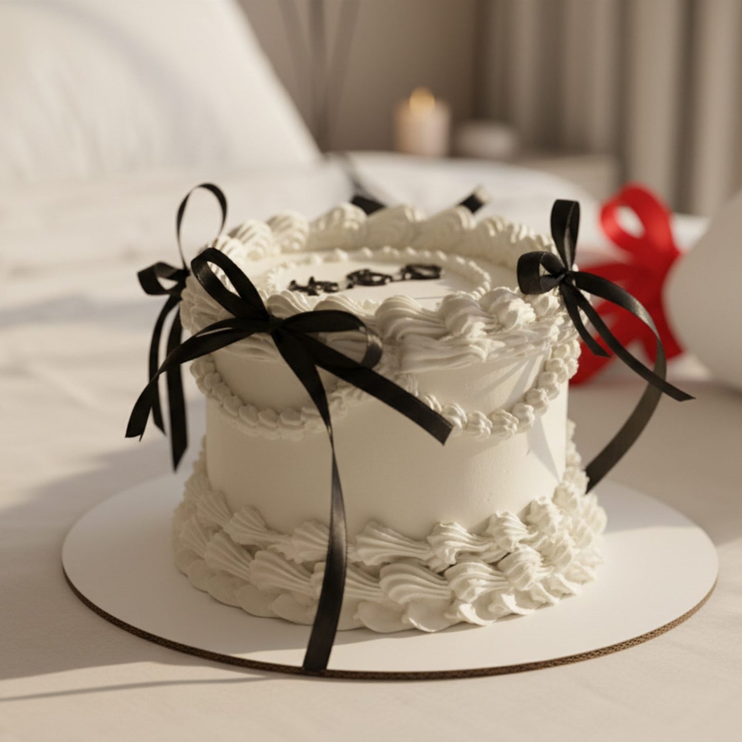 close up of vanilla birthday cake with cream decoration and black ribbons on elegant setup