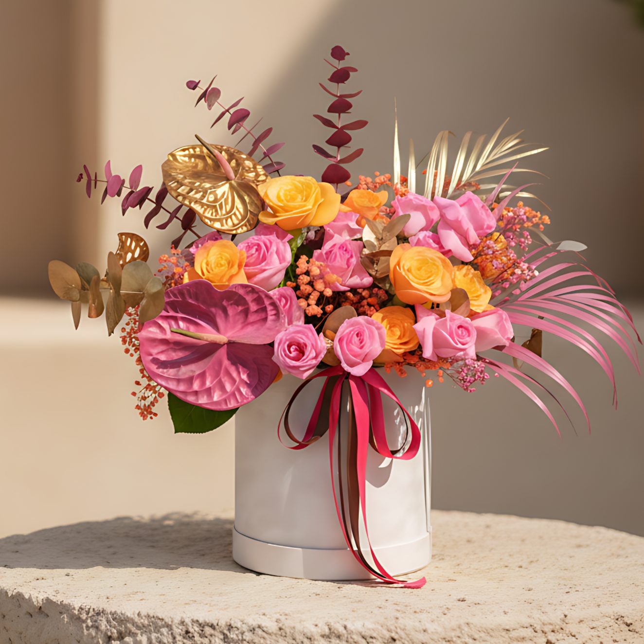 Vibrant white velvet flower box with orange and pink roses, anthuriums and gypsophila