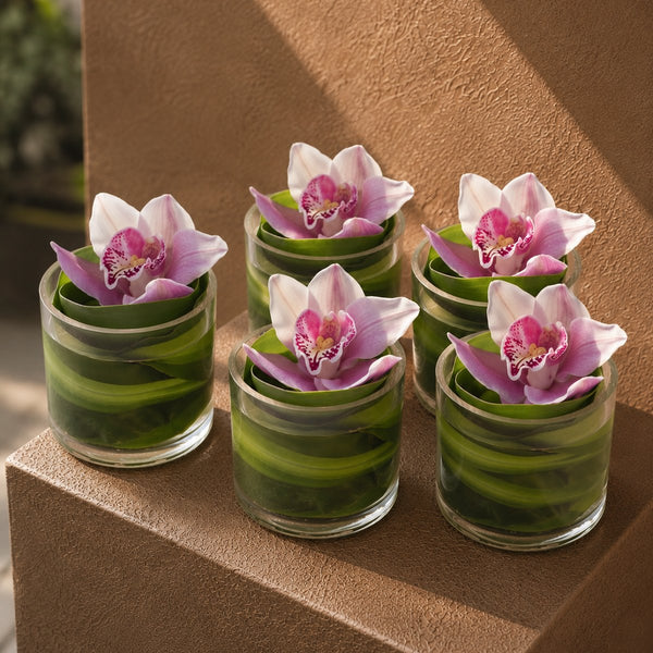 Five Victoria pink cymbidium orchid leaf-lined clear glass vases styled on a plinth by AIWA Flowers