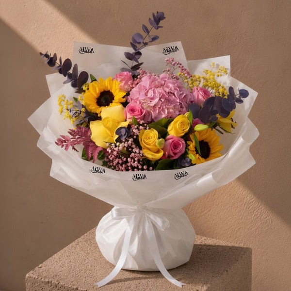 Sunflower and pink hydrangea garden bouquet in white wrap - Ultra by AIWA Flowers