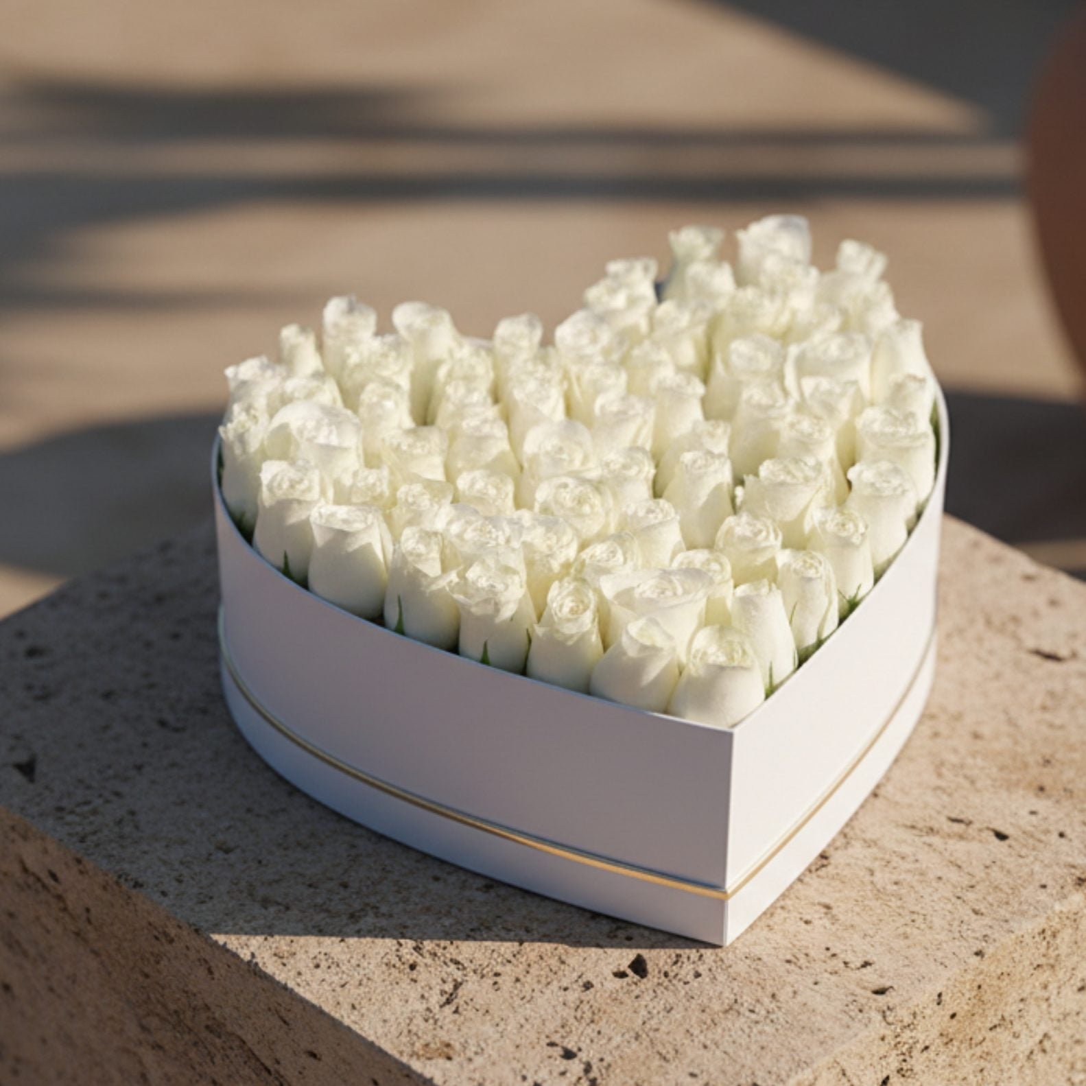 White Heart white heart box with 45 to 55 fresh white roses