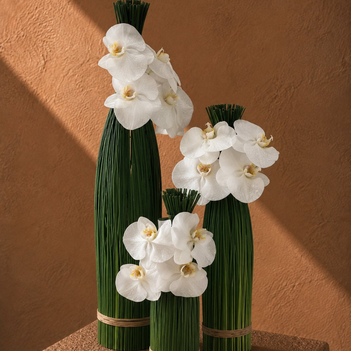 Three White Poise white orchid and green reed sculptural columns styled on a plinth by AIWA Flowers