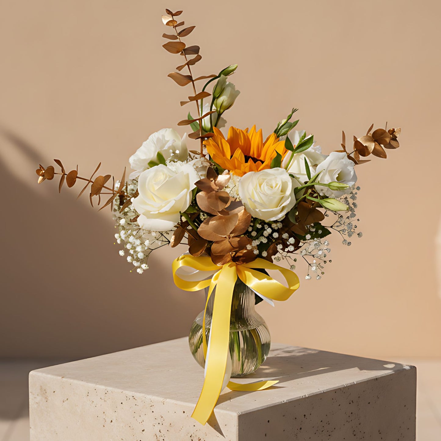 Zakat arrangement with white roses, sunflower, carnations and lisianthus in a clear glass vase