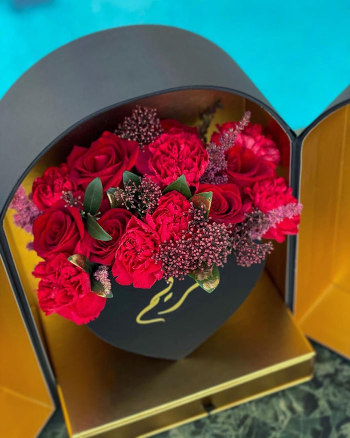 Red Roses in a Box with a Gift and Custom Stickers