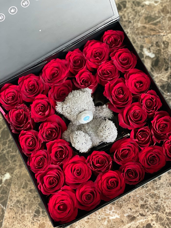 Red Roses in a Video Box with Teddy Bear