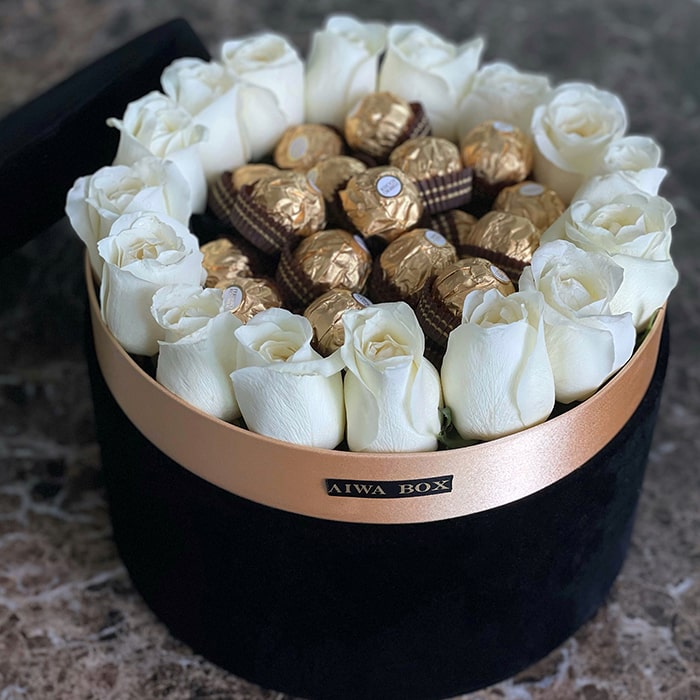 Golden Chocolate with White Roses in a Black Velvet Round Box