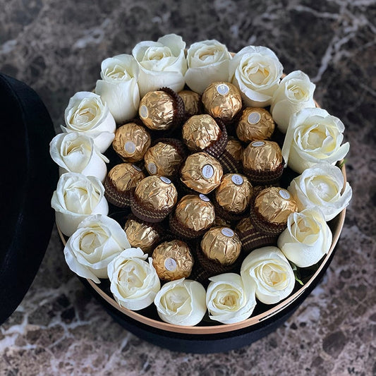 Golden Chocolate with White Roses in a Black Velvet Round Box