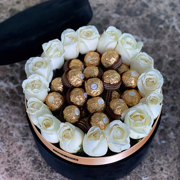 Golden Chocolate with White Roses in a Black Velvet Round Box